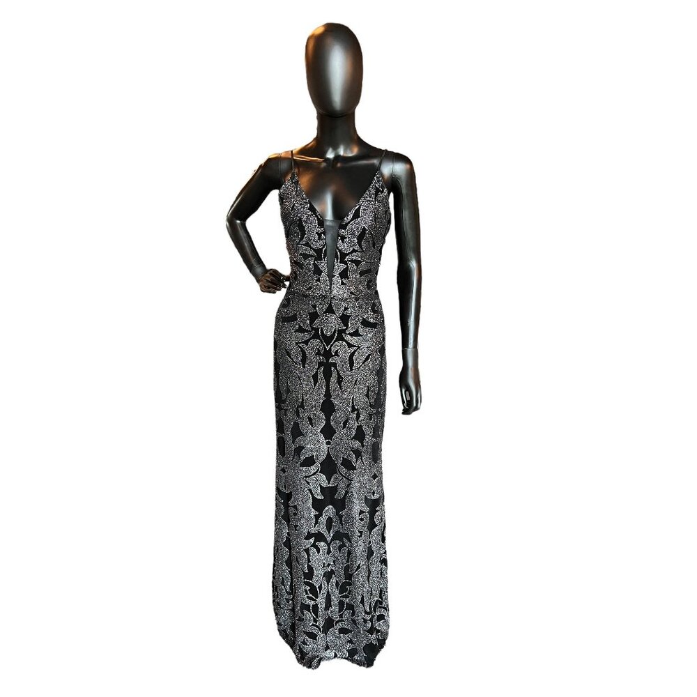 Betsy & Adam Black and Silver Prom Dress